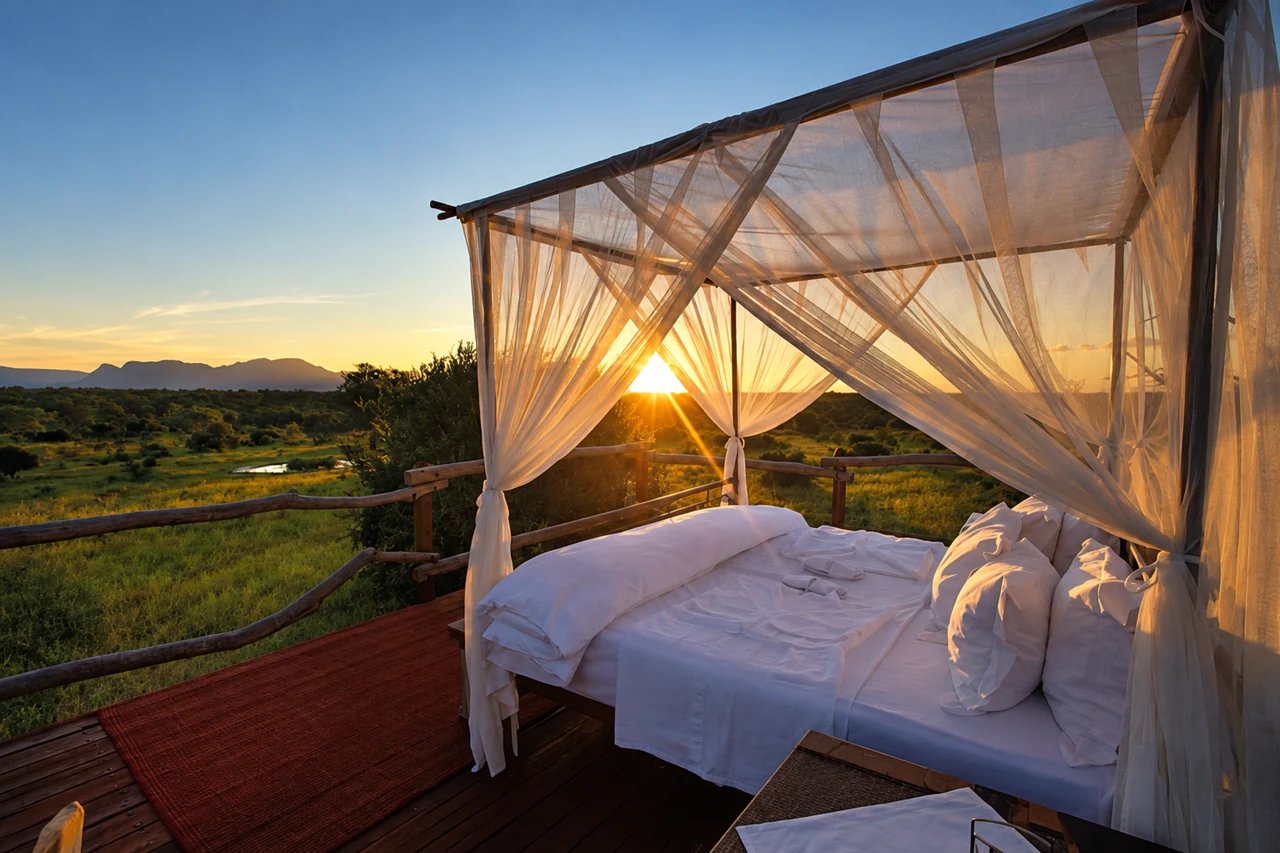 An outdoor bed with a white mosquito net overlooking the landscape at sunset.